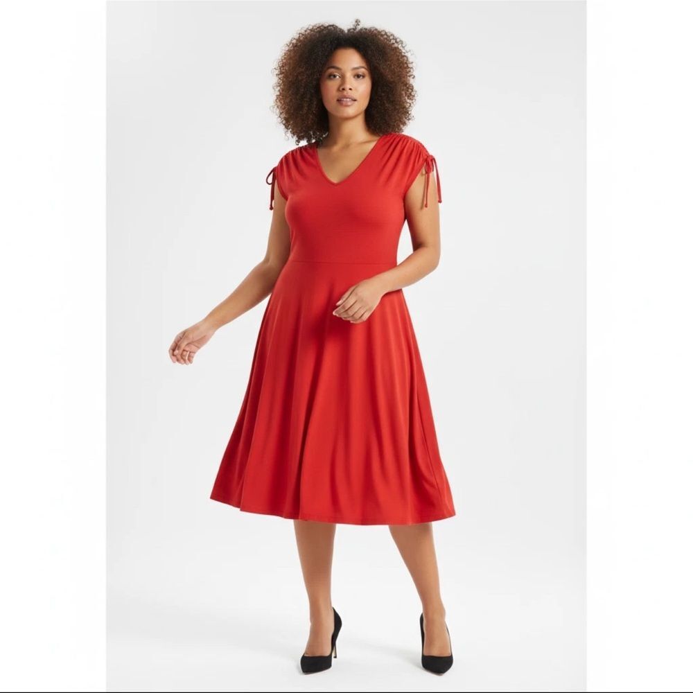 Betabrand Red Marilyn V-Neck Knee-Length Stretch Dress Workwear Core 3X